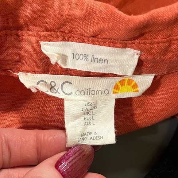 100% Linen V Neck Button Down Shirt Resort Beach Coral Orange C&C California L - Picture 5 of 6